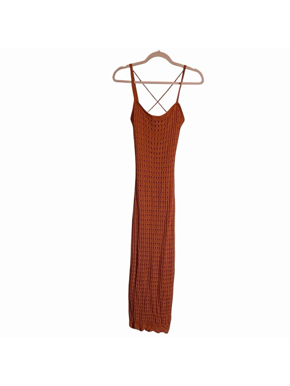 Lulus Ventura Vision Rust Orange Crochet Lace-Up Midi Dress Small